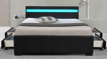โครงเตียงบุนวม LED ซันนี่พร้อมลิ้นชักเก็บของ ผ้า PU สีดำ