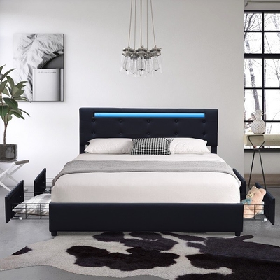 Queen Upholstered Platform โครงเตียงหนังเทียมสีดำโลหะสี่ลิ้นชักพร้อมไฟ LED