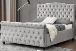 Soft Queen Grey Velvet Sleigh Bed หัวเตียงสูงสบาย