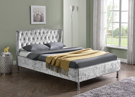 โครงเตียงผ้าลินินหุ้มเบาะพร้อมปุ่ม Modern Light Grey King Size