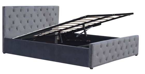 Double Gas Lift Storage Bed ไม้อัดผ้ากำมะหยี่ขนาดเล็กสีเทาอ่อนเตียงหุ้มเบาะ