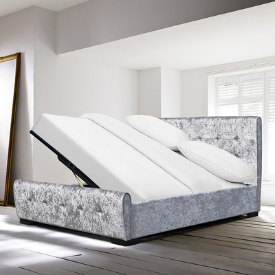 OEM ODM Open Storage Bed ปุ่มคริสตัลกระจุก Silver Crush Velvet Side