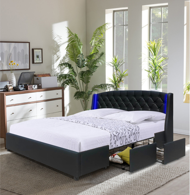Balck Faux Leather King Size ที่เก็บลิ้นชักเตียงปุ่ม Tufted พร้อมหู LED สองดวง