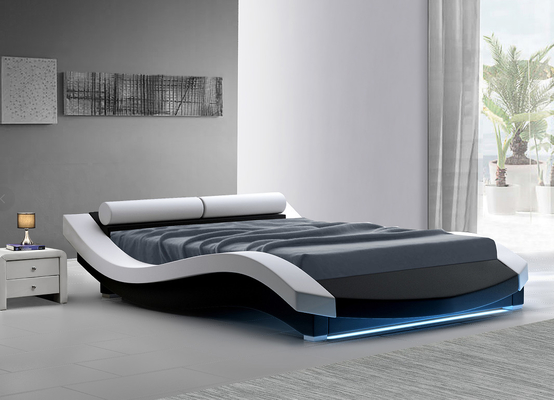 โครงเตียงหุ้มเบาะแบบ Wave Shape ไม้อัดหนัง PU พร้อม LED Footboard