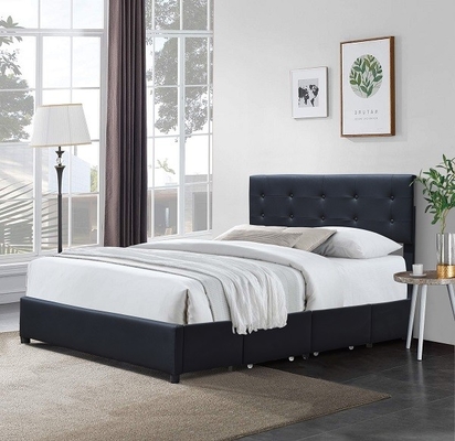 Queen Upholstered Platform โครงเตียงหนังเทียมสีดำโลหะสี่ลิ้นชักพร้อมไฟ LED