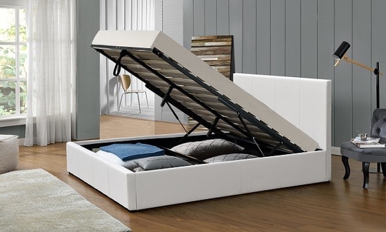 Easy Assemble Gas Lift Storage Bed โครงเตียงไม้อัดหุ้มหนัง PU สีขาว