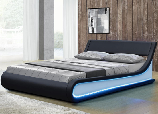 เตียงคู่ขนาดคิงไซส์ LED หุ้มหนังเทียมสีดำทันสมัย