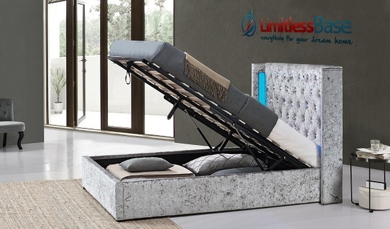 ผู้ผลิตเตียงหุ้มผ้ากำมะหยี่บดสีเทาพร้อมปุ่ม LED และคริสตัล