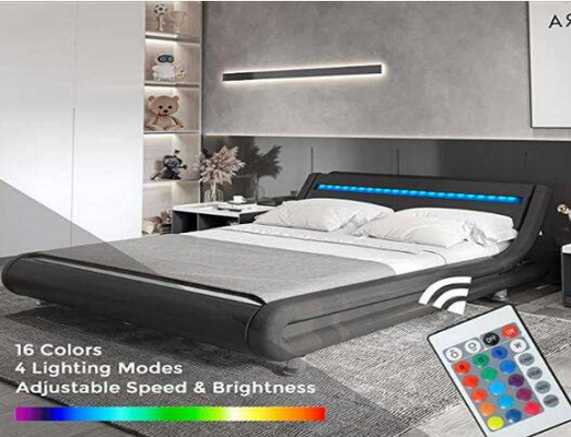 เตียงแพลตฟอร์มผ้าปูเตียงหุ้มเบาะสีดำพร้อมไฟ LED