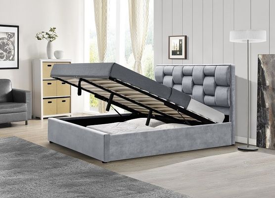 กรอบเตียงที่เก็บของจากผ้าหอมเทา มีแผ่นหัวเตียงสูง