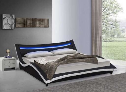 เตียงแพลตฟอร์มหุ้มเบาะ Curve Deluxe ขนาดเต็มทันสมัยพร้อมหัวเตียง LED
