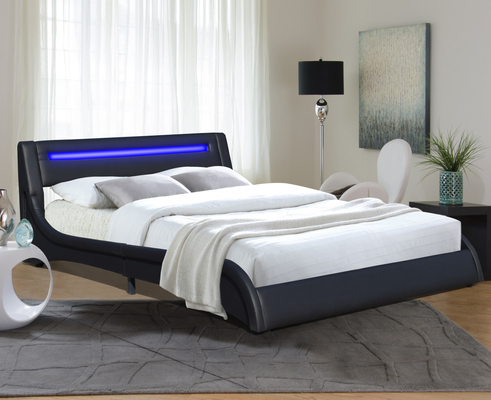 สีดําหนังปลอม Pu Led โครงเตียงปูด้วยหัวเตียงปรับ