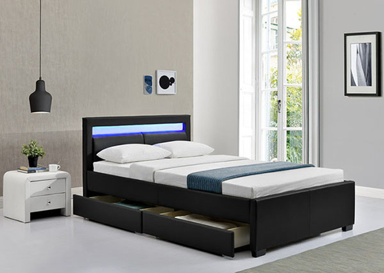 กรอบเตียงพลาตฟอร์มปูเปลสเตอร์ พร้อมตู้เก็บของ ไฟ LED Headboard