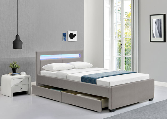 กรอบเตียงพลาตฟอร์มปูเปลสเตอร์ พร้อมตู้เก็บของ ไฟ LED Headboard
