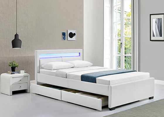 กรอบเตียงพลาตฟอร์มปูเปลสเตอร์ พร้อมตู้เก็บของ ไฟ LED Headboard