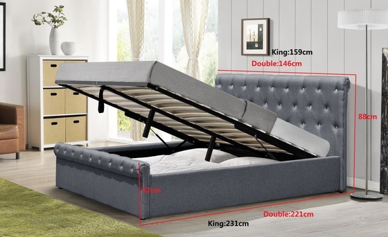 Diamond Buttons Gas Lift Storage Bed เตียงนอนผ้าลินินสีเทา Ottoman Bed BSCI Certification
