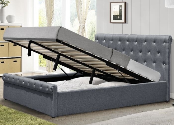 Diamond Buttons Gas Lift Storage Bed เตียงนอนผ้าลินินสีเทา Ottoman Bed BSCI Certification
