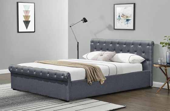 Diamond Buttons Gas Lift Storage Bed เตียงนอนผ้าลินินสีเทา Ottoman Bed BSCI Certification