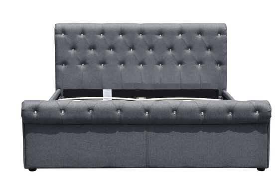 Diamond Buttons Gas Lift Storage Bed เตียงนอนผ้าลินินสีเทา Ottoman Bed BSCI Certification