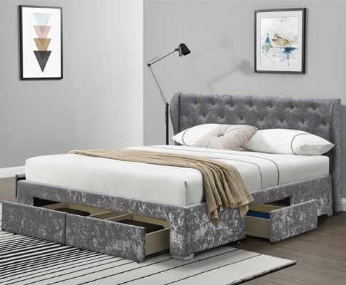เตียงเก็บของกระจุกผ้ากำมะหยี่สีเงินออตโตมันลิ้นชัก OEM Double Size Upholstered