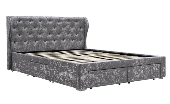 เตียงเก็บของกระจุกผ้ากำมะหยี่สีเงินออตโตมันลิ้นชัก OEM Double Size Upholstered