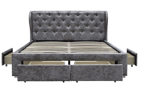 เตียงเก็บของกระจุกผ้ากำมะหยี่สีเงินออตโตมันลิ้นชัก OEM Double Size Upholstered