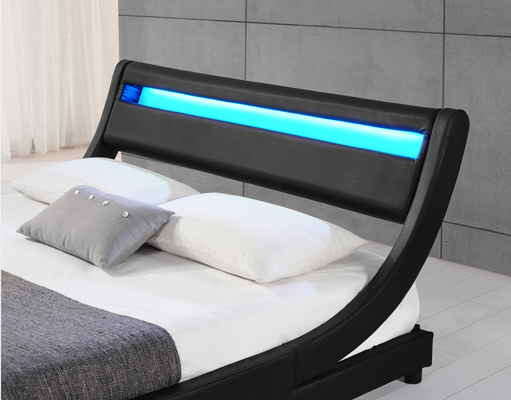 ไม้อัดไฟ LED หุ้มหัวเตียงหัวเตียงหนัง PU สีดำโครงเตียงคู่