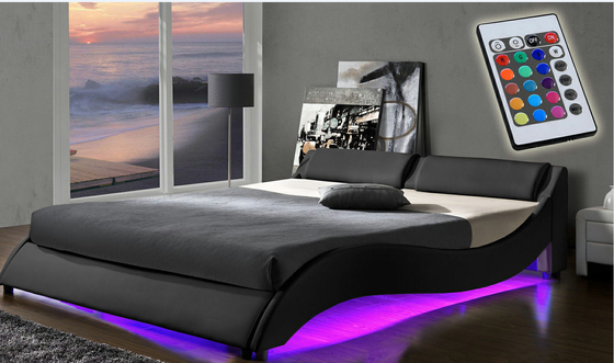 2 โครงเตียงไฟ LED แพลตฟอร์มหุ้มเบาะคู่ขนาด PU Leather