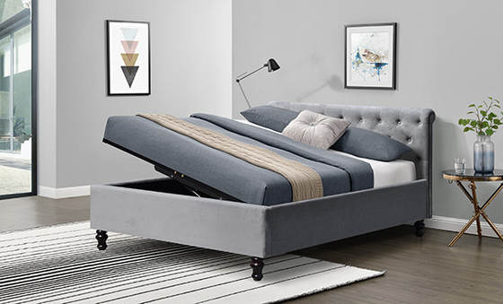 ชั้นวางของ Lambeth Grey Velvet Sleigh Storage Ottoman Bed Frame Double King Size
