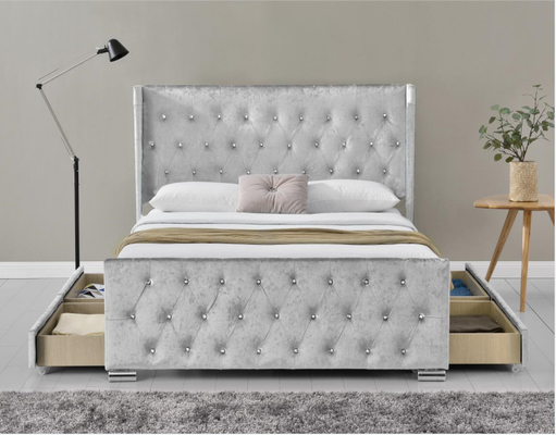 Wing Back Ottoman Tufted Storage Bed King Size Wood Sliver กำมะหยี่บดสีเทาพร้อมหัวเตียง