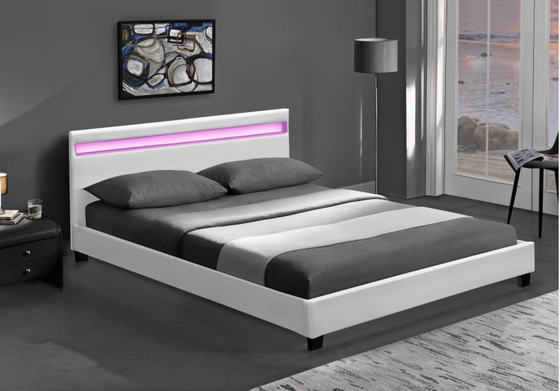 เตียงไม้หุ้มเบาะคู่ LED สีขาวดำพร้อมไฟ LED ที่หัวเตียง